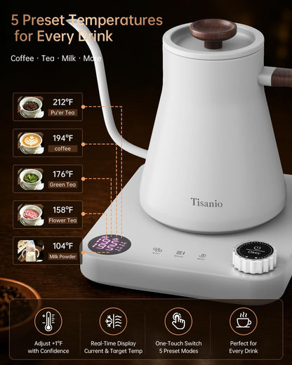 Gooseneck Electric Kettle with Temperature Control, 0.9L, Black | ±1°F Precision Pour Over Kettle, LCD Dual Display, Smart Two-Stage Heating, 2H Keep Warm, 304 Stainless Steel Interior