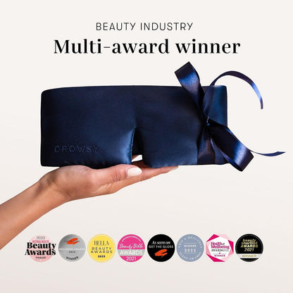 DROWSY Silk Sleep Mask - Face-Hugging, Padded Cocoon for Luxury Sleep in Total Darkness - 100% Pure Mulberry Silk, Skin-Hydrating & Adjustable (Midnight Blue)
