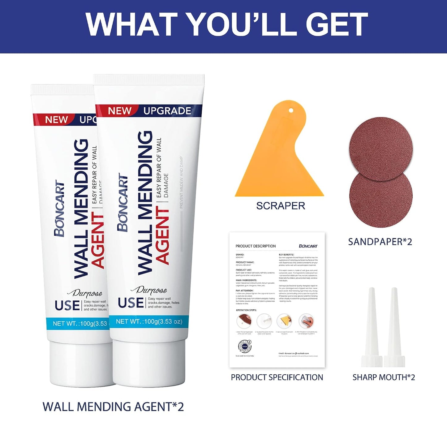 Drywall Repair Kit, 2-Pack Wall Mending Agent, Wall Spackle with Tools | Includes Scraper and Sandpaper. For Wall Surface Hole Fill, Quick And Easy Solution.