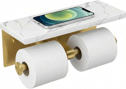 FORIOUS Toilet Paper Holder with Shelf, Natural Marble, Commercial | Brushed Nickel, Wall Mount 304 Stainless Steel Commercial Bathroom Tissue Roll Dispenser, Heavy Duty Washroom Paper Storage
