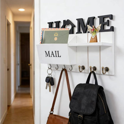 Rustic Wall Key Holder with Shelf & Hooks - Mail Organizer for Entryway | Wooden Key Rack for Keys, Coats, Dog Leash - Brown