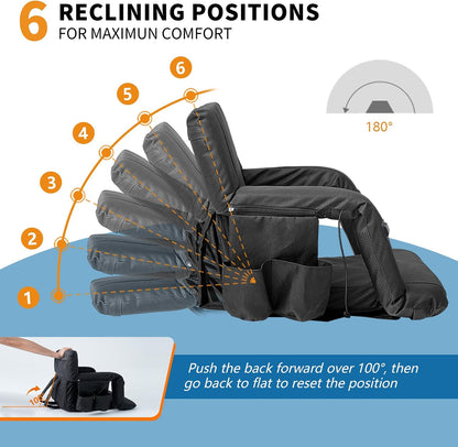 Wide Heated Stadium Seat for Bleachers w/Back Support & Cushion | 5-Position Adjustable Heated Stadium Seat with Armrests, 3 Heat Levels, Anti-Slip, Side Pockets, Backpack Straps (No Battery)