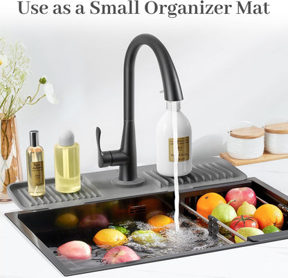 PoYang 23.6 Inch Silicone Sink Splash Guard, Kitchen Sink Mat, Light Grey | Faucet Mat with Wide Drainage & Cuttable Hole, Keeps Faucet Base Dry, Long & Short Sink Protectors for Kitchen, Bathroom & RV