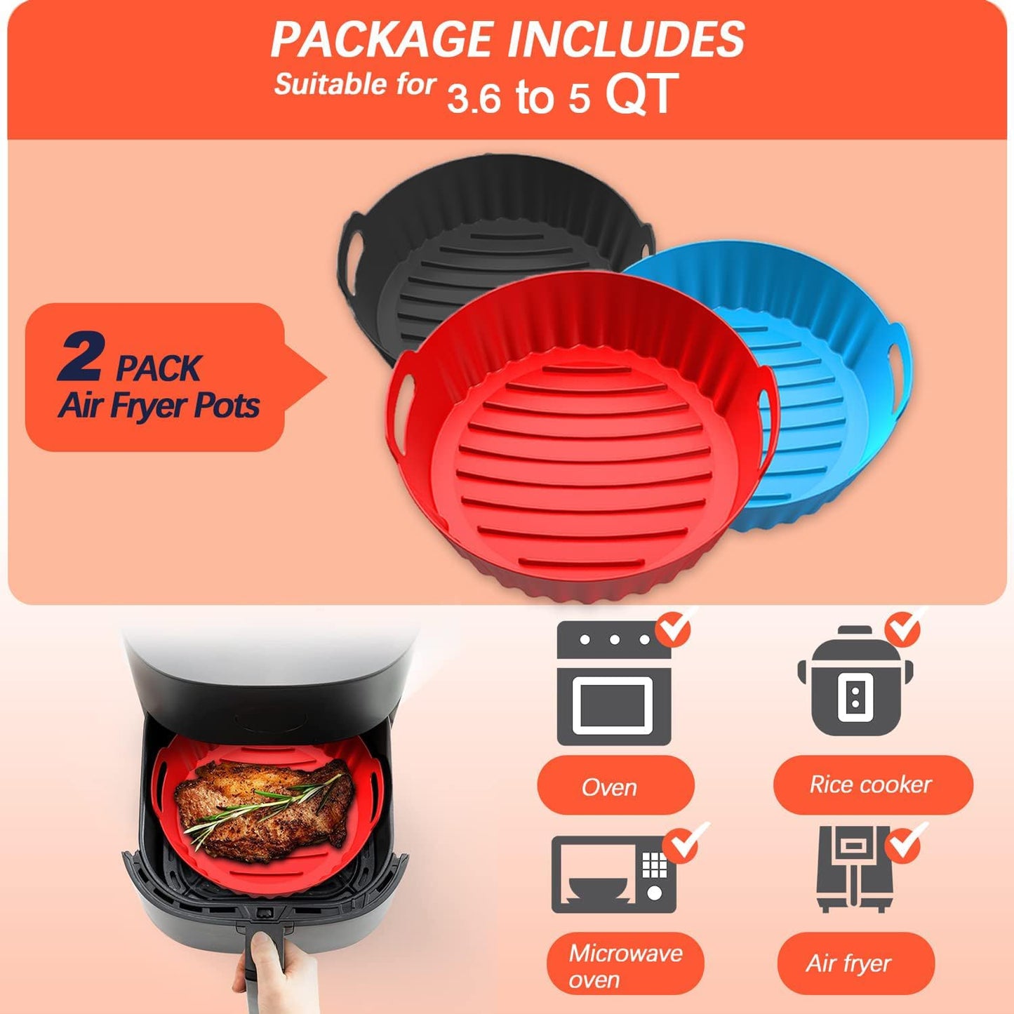2Pcs Silicone Air Fryer Liners Reusable Square Thickened Airfryer Basket for 4 to 7 QT Baking Tray Accessories Kitchen Gadgets Replacement of Flammable Disposable Parchment Paper