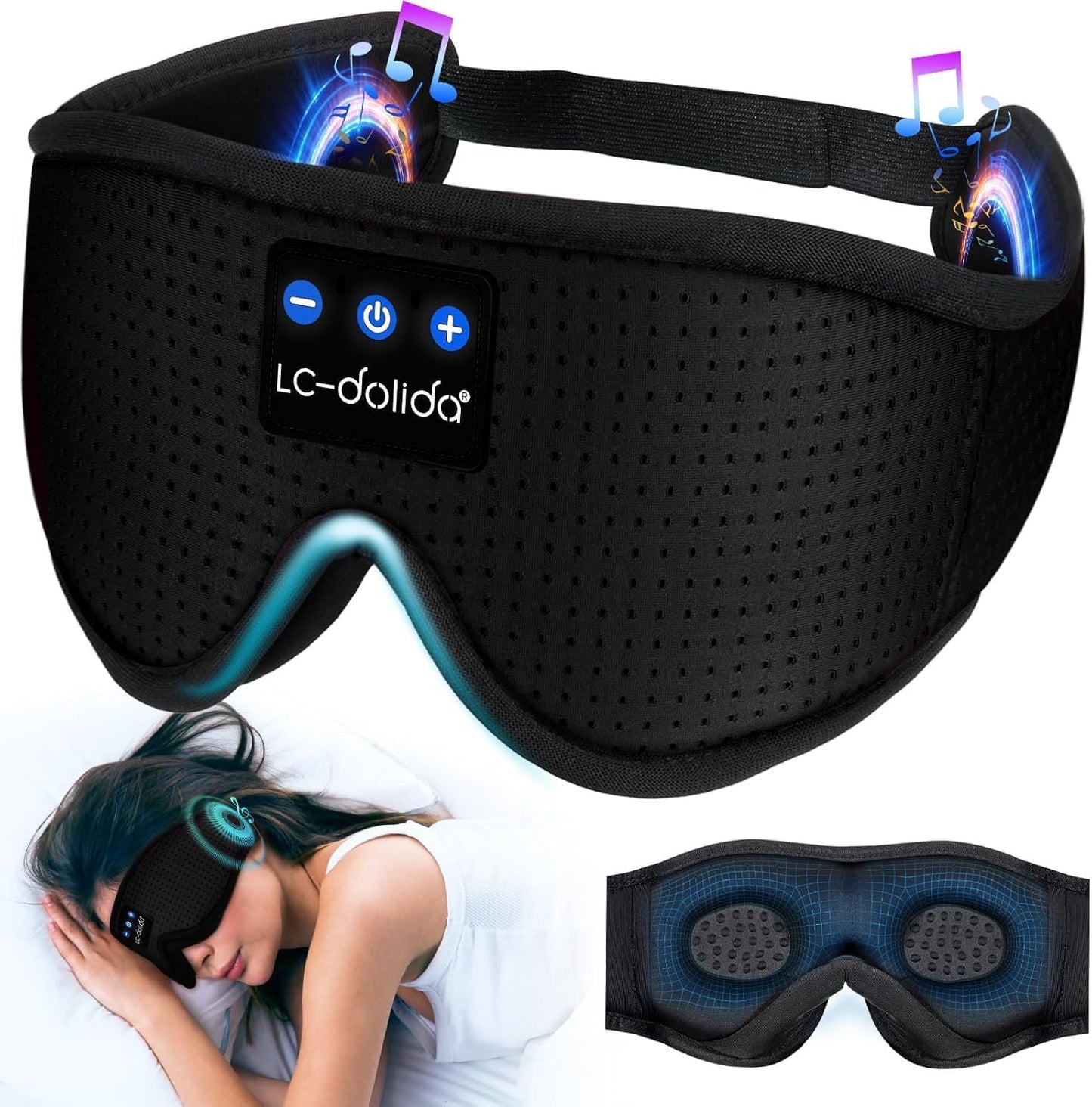 LC-dolida Sleep Headphones, 3D Sleep Mask Bluetooth Wireless Music Eye Mask, Sleeping Headphones for Side Sleepers Sleep Mask with Bluetooth Headphones Ultra-Thin Stereo Speakers Perfect for Sleeping