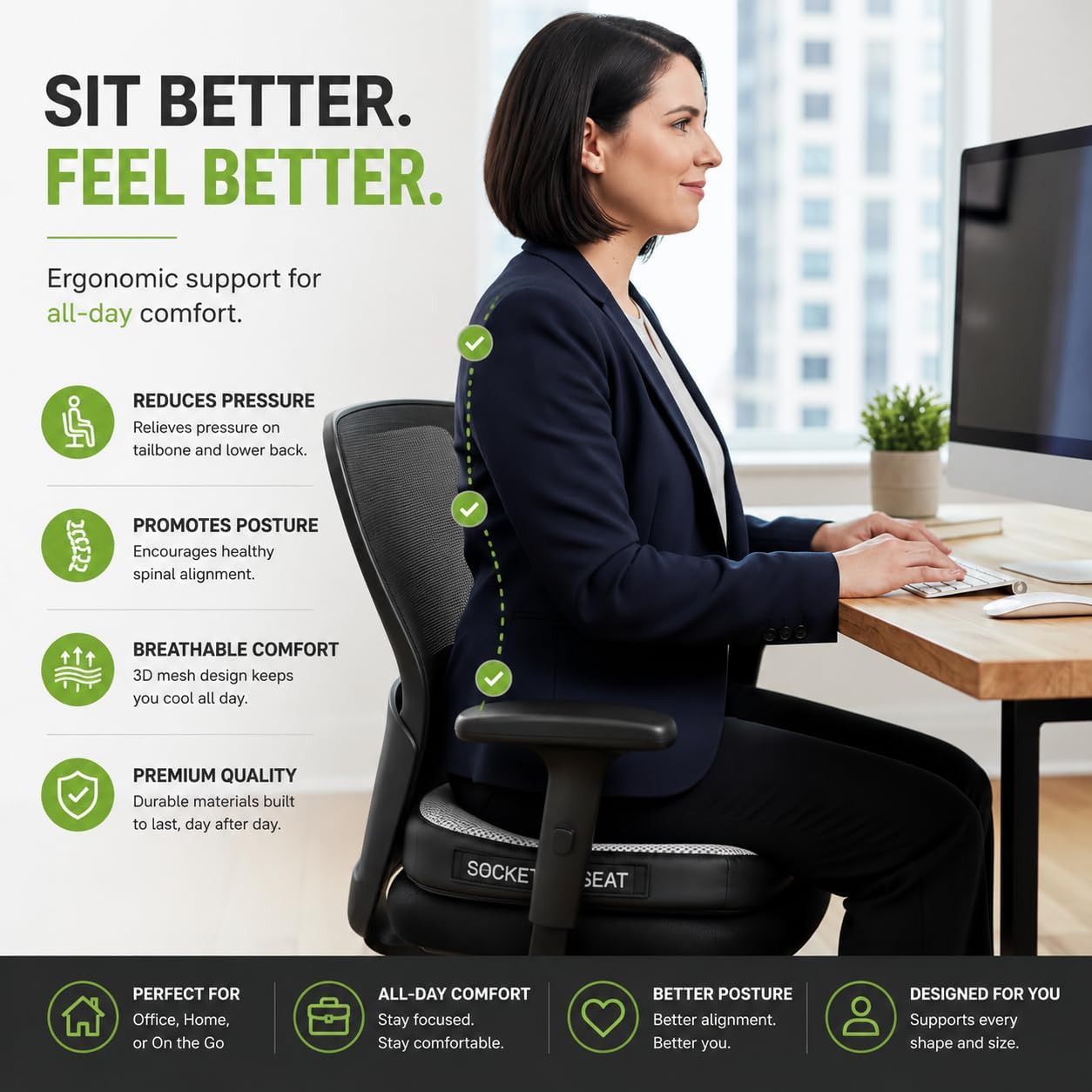 Aylio Socket Seat Cushion for Sit Bone, Ischial Tuberosity & Tailbone Pressure Relief – Ischial Bursitis, Hamstring & Piriformis Support – Firm Memory Foam Seat Cushion for Office Chair & Car