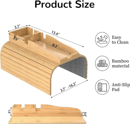 Korser Couch Armrest Table, Sofa Arm Tray with Removable Cup Holder, 2 in 1 Anti-Slip Armrest Tray Table for Couch, Bamboo Foldable Couch Cup Holder for Drinks Snacks Phone Remote Control