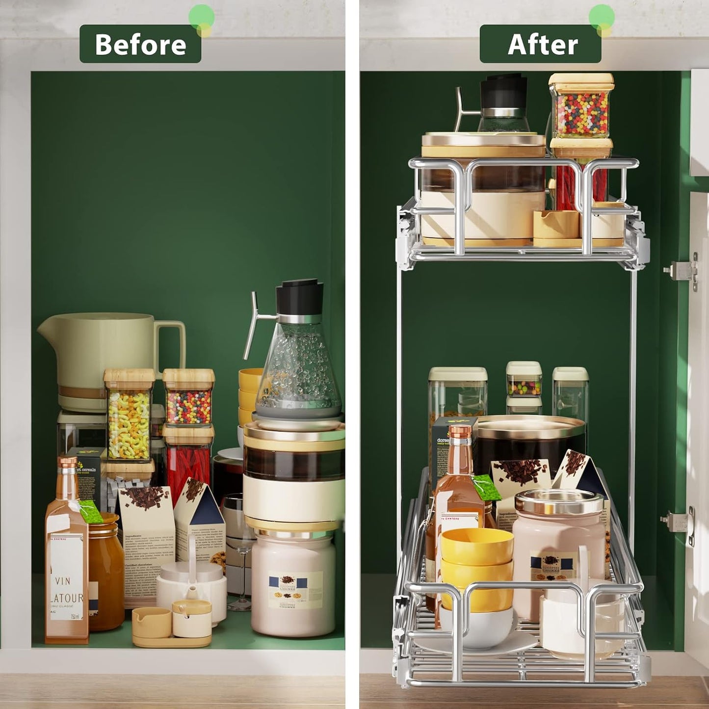 LOVMOR 2 Tier Individual Pull Out Cabinet Organizer 11" W x 18" D, Slide Out Kitchen Cabinet Storage Sliding Shelves