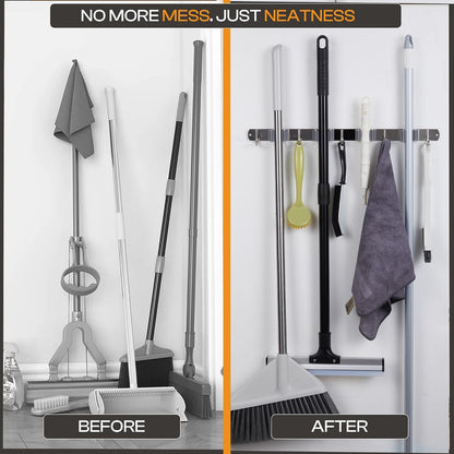 Stainless Steel Broom Holder Wall Mount, 3 Racks & 4 Hooks | Waterproof organizer for mops, brooms, tools and garden equipment, adjustable wall storage, black