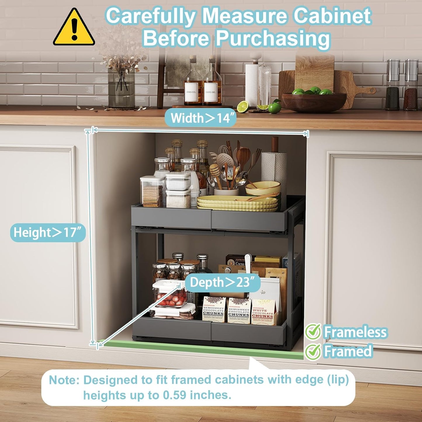 Golener 2-Tier Expandable Pull Out Cabinet Organizer, Cabinet Drawers, 16"D | Cabinet Pull Out shelves, Adjustable Pantry Drawers, Slide Out Drawers for Kitchen Cabinets, Under Sink Organizer, Black