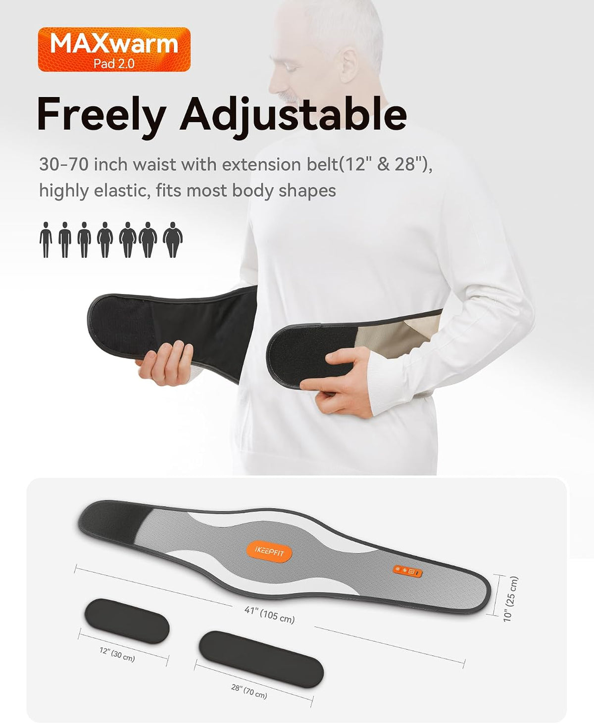 IKEEPFIT Portable Heating Pad for Back & Period Cramps, MAXwarm 2.0, Cordless Lower Back & Menstrual Heated Pad with Massager for Pain Relief, Wearable Heat Belt, Extra Large 70" (Grey)