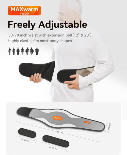 IKEEPFIT Portable Heating Pad for Back & Period Cramps, MAXwarm 2.0, Cordless Lower Back & Menstrual Heated Pad with Massager for Pain Relief, Wearable Heat Belt, Extra Large 70" (Grey)