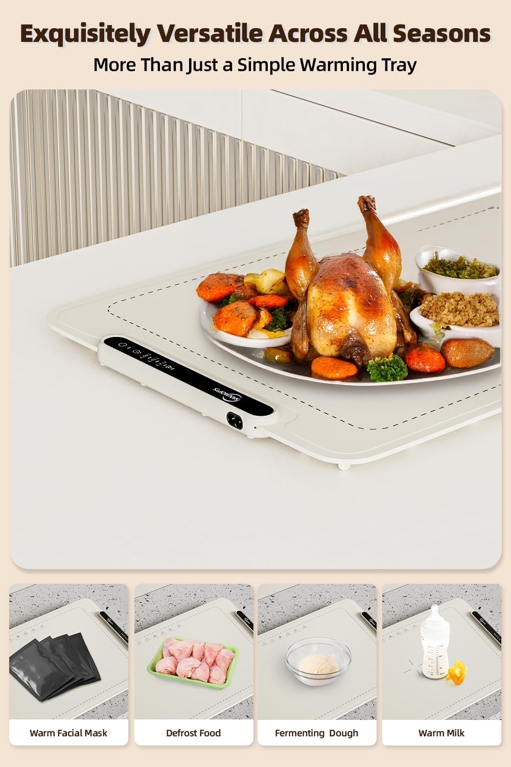 Food Warming Mat - Electric Warming Tray,Tempmaster Adjustable Warming Tray,Elevated Feet Protects Table, Roll-Up Buffet Hot Plates Heat Pad, Portable Food Warmer for Parties and Travel (Beige)