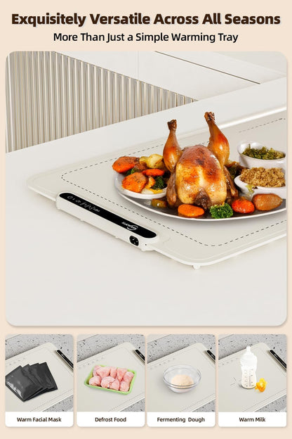 Food Warming Mat - Electric Warming Tray,Tempmaster Adjustable Warming Tray,Elevated Feet Protects Table, Roll-Up Buffet Hot Plates Heat Pad, Portable Food Warmer for Parties and Travel (Beige)