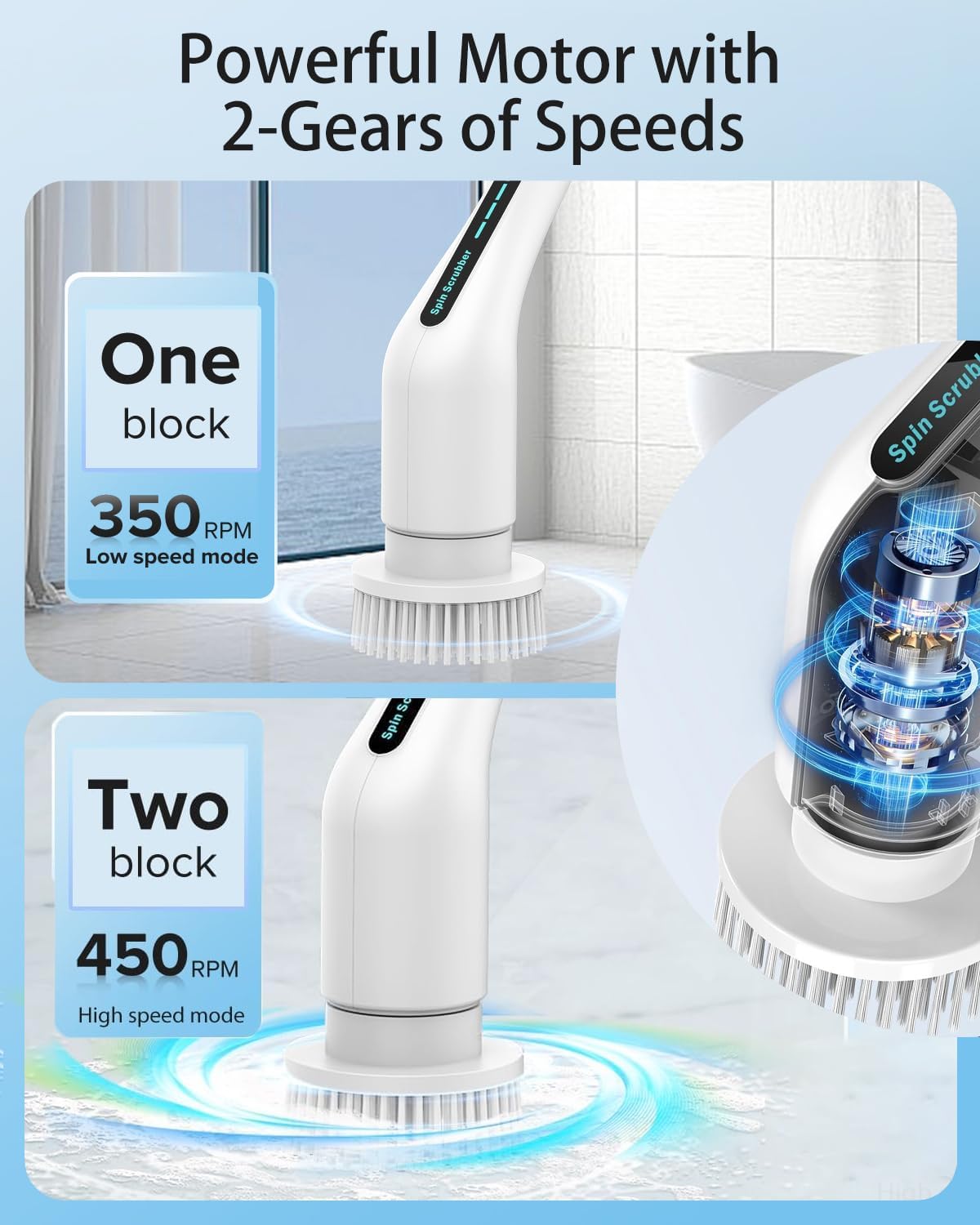 Electric Spin Scrubber, Shower Cleaner with Adjustable Extension Handle | Cordless IPX7 Waterproof 2 Speeds 5 Replaceable Heads for Bathroom,Toilet, Bathtub, Kitchen, Tile Floors