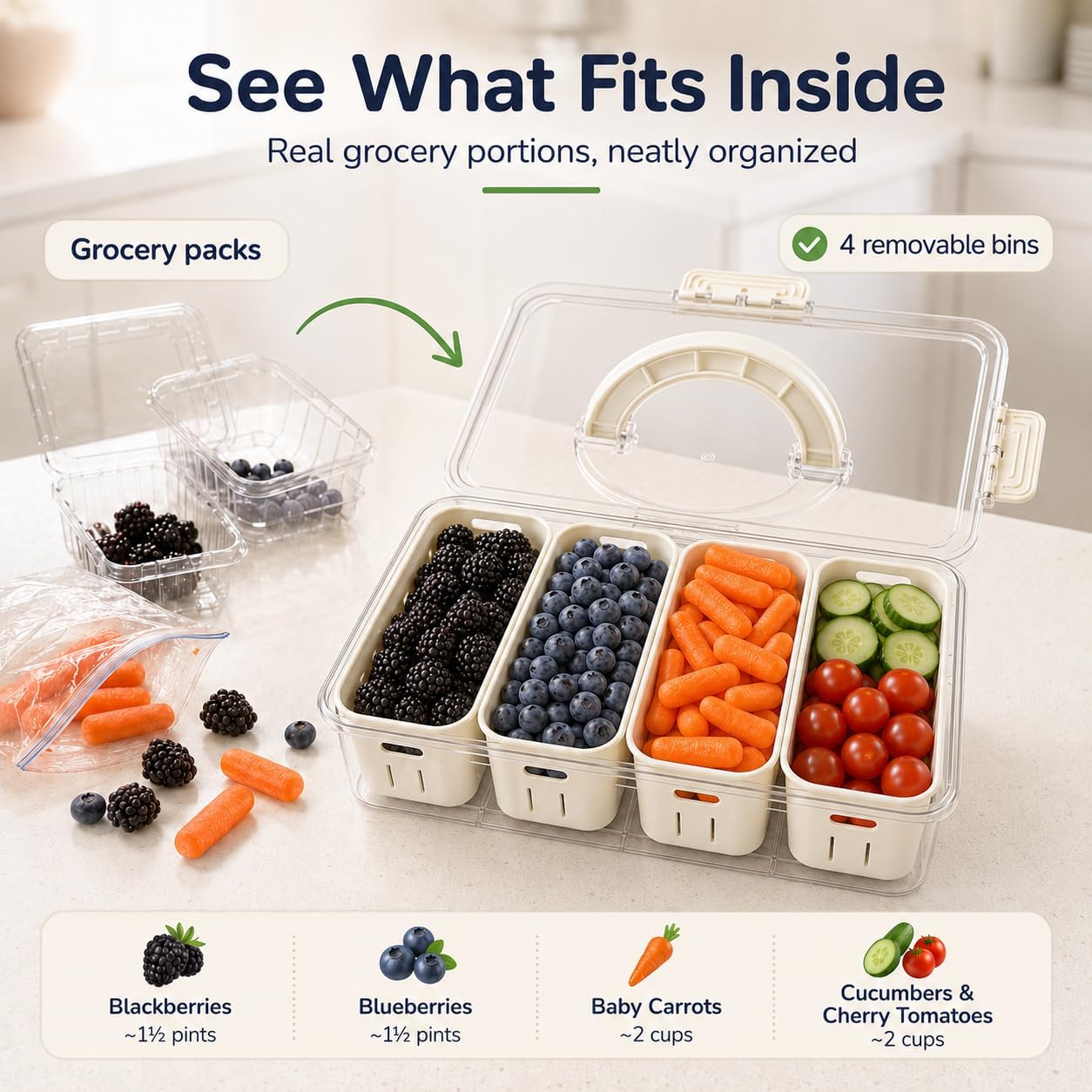 [Hand Wash Only] Salad Bar Containers for Fridge, Veggie Containers for Refrigerator, Salad Prep Containers for Fridge, Veggie Tray with Lid, Storage & Organizer for Fruit, Berry, Produce Keeper