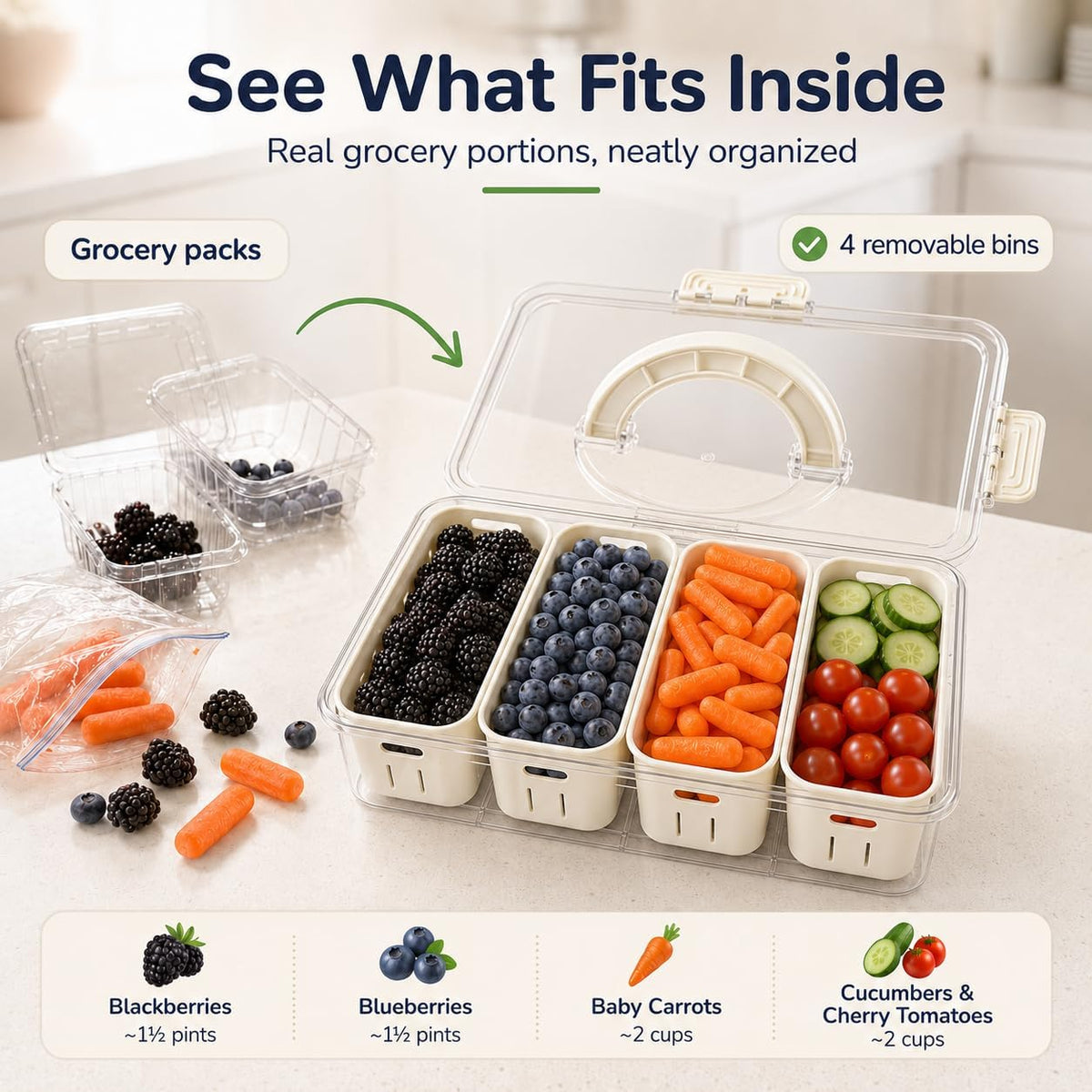 [Hand Wash Only] Salad Bar Containers for Fridge, Veggie Containers for Refrigerator, Salad Prep Containers for Fridge, Veggie Tray with Lid, Storage & Organizer for Fruit, Berry, Produce Keeper