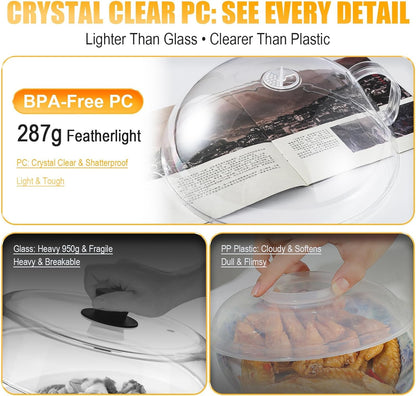 12" Clear Microwave Splatter Cover Integrated Handle BPA Free | Integrated Handle, BPA-Free, Clear PC, 12 Inch, Dishwasher Safe, Steam Vent, Food Grade, Splatter Guard,Large