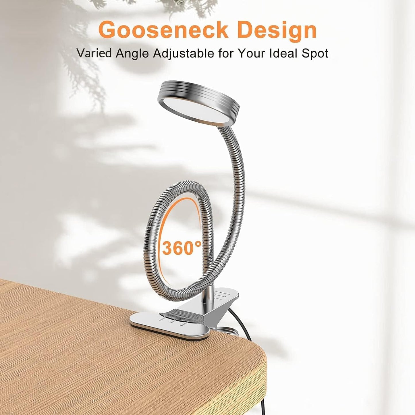 LEPOWER Clip on Light, Book Reading Lamp for Desk, Bed Headboard and Dorm | Adjustable Gooseneck, Color & Brightness Changeable, Adapter Included, LED Table Lamp for Computer, Bedside, Metal, White