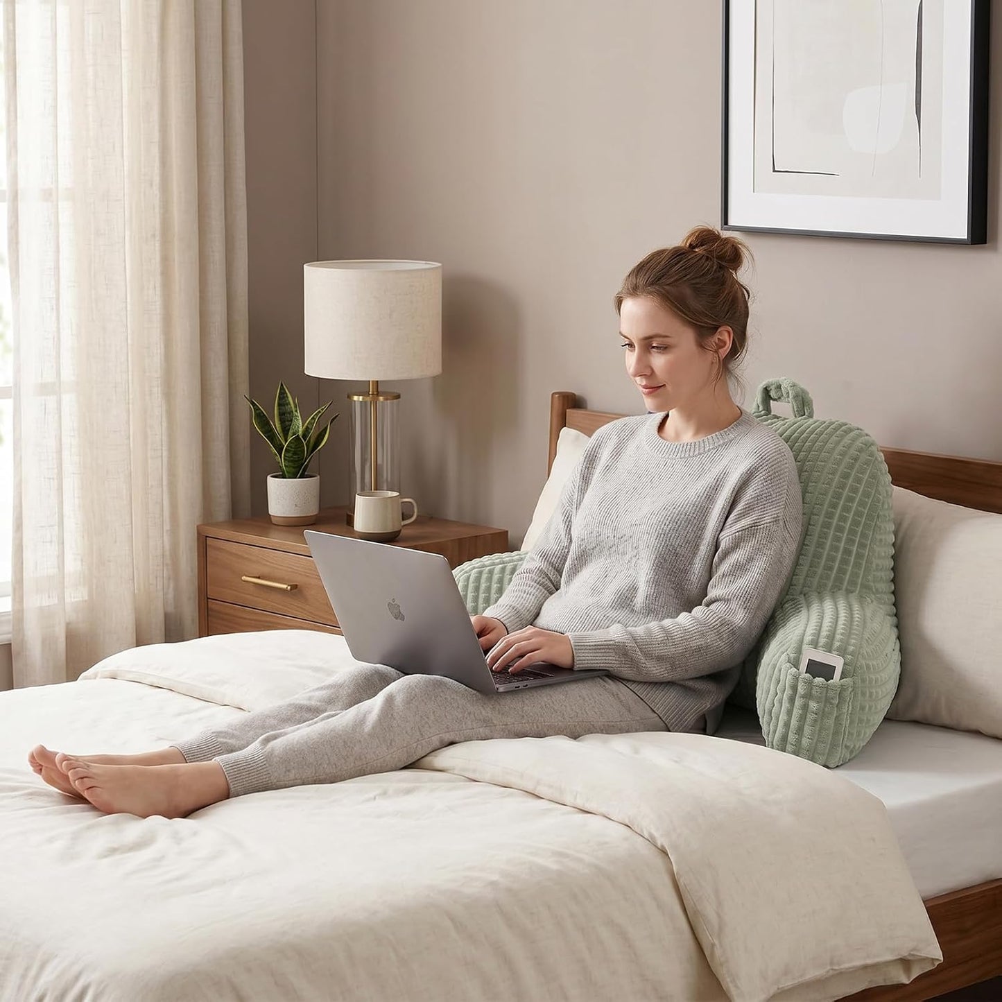 Reading Pillow with Arms for Sitting in Bed,Backrest,White Flannel,M | 17" Backrest Supports Back for College Students,Elbows & Forearms for Dorm Reading,Gaming,Watching TV