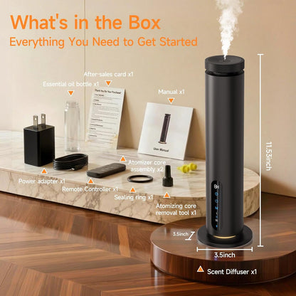 Waterless Essential Oil Diffuser, 1000 Sq.Ft Coverage, Smart App & Remote Control Scent Machine, 3 Color Ambient Lights, Adjustable Mist, Quiet Aromatherapy Diffuser for Home Large Room Hotel, Black