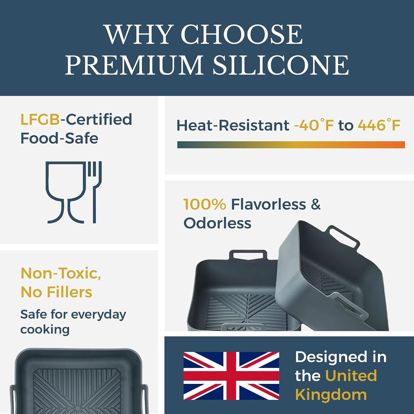 Silicone Air Fryer Liners for Ninja DualZone DZ401 10QT | Fits Ninja DZ201 DZ501 DZ550 & DoubleStack SL400 SL401. 2 Pack 2.63mm platinum silicone, LFGB certified, dishwasher safe