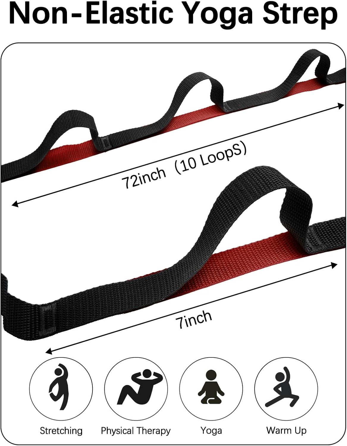 10 Loop Yoga Stretching Strap for Physical Therapy - Non-Elastic Exercise Band for Pilates, Yoga, Stretching for Women & Men