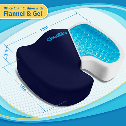 CloudBliss Gel Memory Foam Seat Cushion for Long Sitting, Large, Black | Gel Chair Pad for Tailbone, Coccyx, Sciatica , Soft Suede Cover, Non-Slip , Washable Mesh, for office, home, car