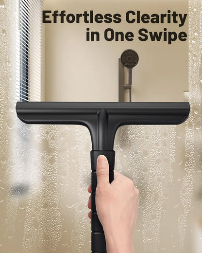 2-in-1 Silicone Shower Squeegee with Hook,Dual-Sided Design with Scraper & Scrub Surface,Rust-Proof Stainless Core,Streak-Free Bathroom Squeegee for Glass Doors,Mirrors,Windows,Car Windshields (Black)