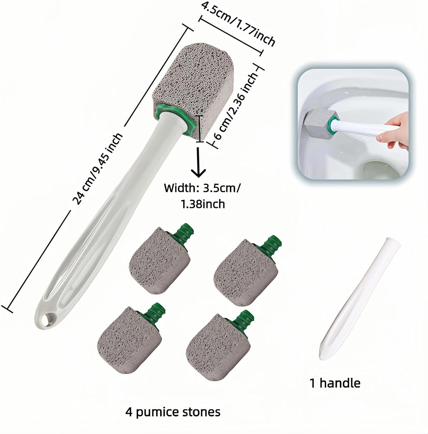 Pumice Toilet Brush Scrubber with 9.5” Handle - 1 Scrubber + 4 Pumice Stones - Remove Hard Water Stains, Rust & Lime from Toilet, Tub, Tile, Grill & Pool - No-Scratch, Easy Grip