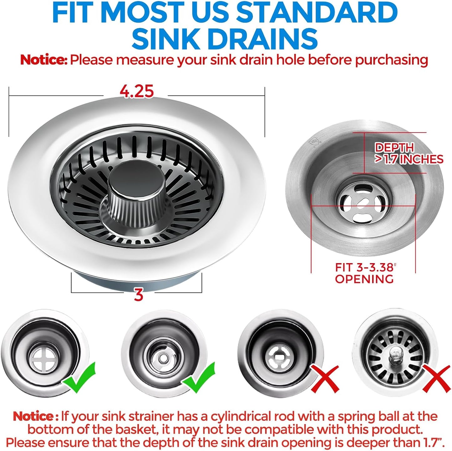 3 in 1 Kitchen Sink Drain Strainer Stopper Removable Basket Pop-Up | Kitchen Sink Food Strainer 1 Pack Silver Stainless - Food Catcher, Odor-Block Seal, Fits 3.5" Drain, Easy Clean