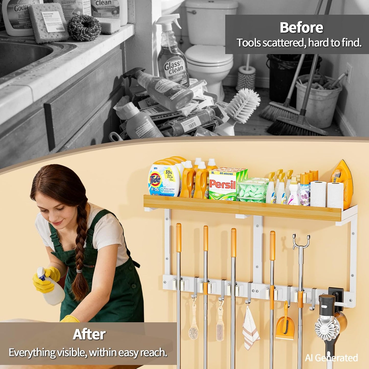 Broom and Mop Organizer Wall Hanging, Broom Hanger Holder Wall Mount | 3-in-1 Mop and Broom Holder Wall Mount with Storage Shelf & Vacuum Organizer,5 Racks,5 Hooks for Garage,Kitchen,Laundry Room