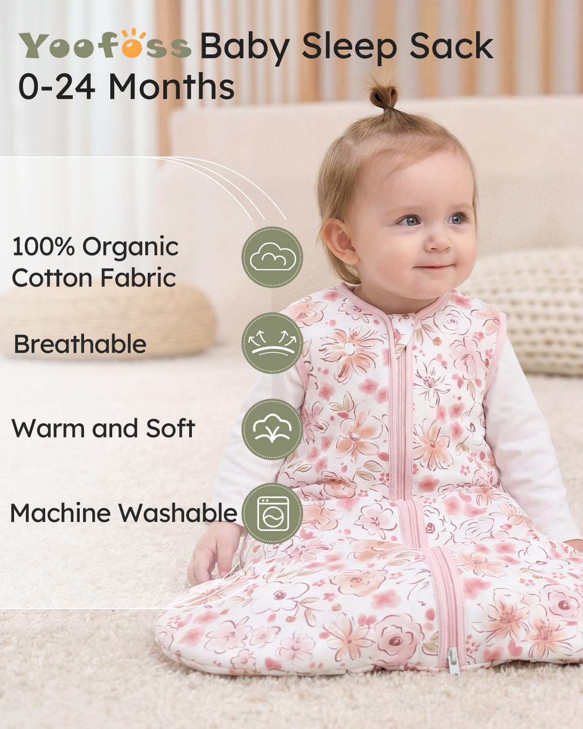 Yoofoss Baby Sleep Sack 0-6 Months Wearable Blanket for Babies 100% Organic Cotton 2-Way Zipper TOG 0.5 Toddler Sleeping Sack 3 Pack, Sleep Sacks