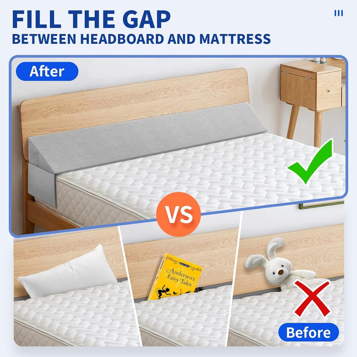 Krightlink Bed Wedge Pillow for Headboard Gap Filler Twin Size | Mattress Gap Filler(0-8") Bed Wedge Between for Your Headboards and Mattress Triangle Foam Bloster Pillow Wedge