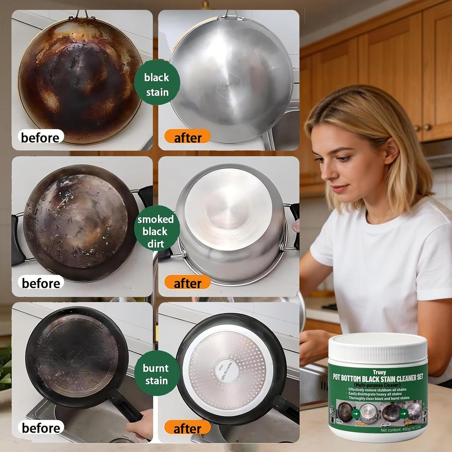 Truey Pot Bottom Black Stain Cleaner Set, Stainless Steel Cleaning & Polishing,Powerful Kitchenware Cleaner, Cooktop Pot Cleaner Effortless for Burned Cookware