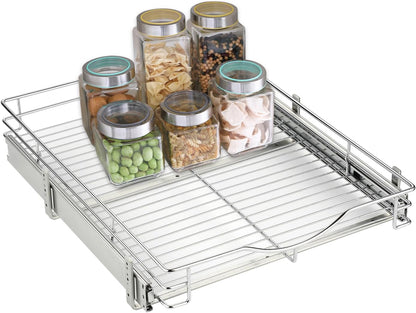 DINDON 1 Tier Pull Out Cabinet Organizer (20" W x 18" D) Heavy-Duty Metal Sliding Drawer Shelf, Slide Out Wire Basket for Kitchen Cabinets, Pantry, Bathroom, Chrome Finish…