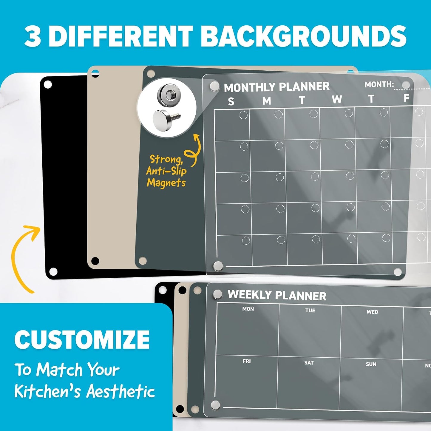 Acrylic Calendar for Fridge - Magnetic Calendar for Refrigerator - 2pc Family Refrigerator Magnetic Dry Erase Planning Board Monthly Weekly - 6 Liquid Chalk Markers & 3 Interchangeable Backgrounds