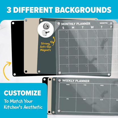 Acrylic Calendar for Fridge - Magnetic Calendar for Refrigerator - 2pc Family Refrigerator Magnetic Dry Erase Planning Board Monthly Weekly - 6 Liquid Chalk Markers & 3 Interchangeable Backgrounds