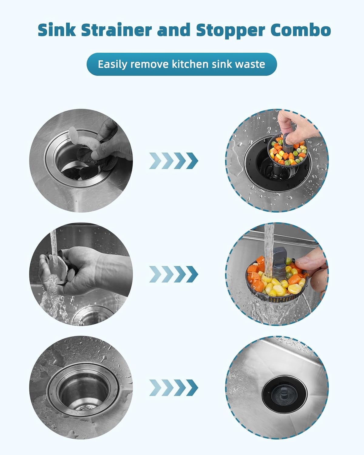 Universal 3 in 1 Kitchen Sink Drain Strainer Stopper Combo, Matte Black | Stainless Steel Shell Pop Up Sink Stopper for US Standard 3-1/2 inch Drain Filter, Anti-Clog and Easy Clean