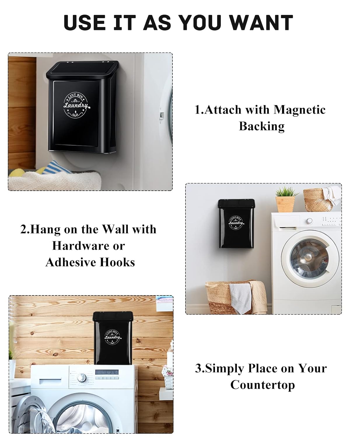 SACREDAY Magnetic Lint Bin for Laundry Room Organization and Storage with Brush, Wall-Mounted Dryer Lint Bin for Room Decor, Space-Saving Trash Can (Cream)