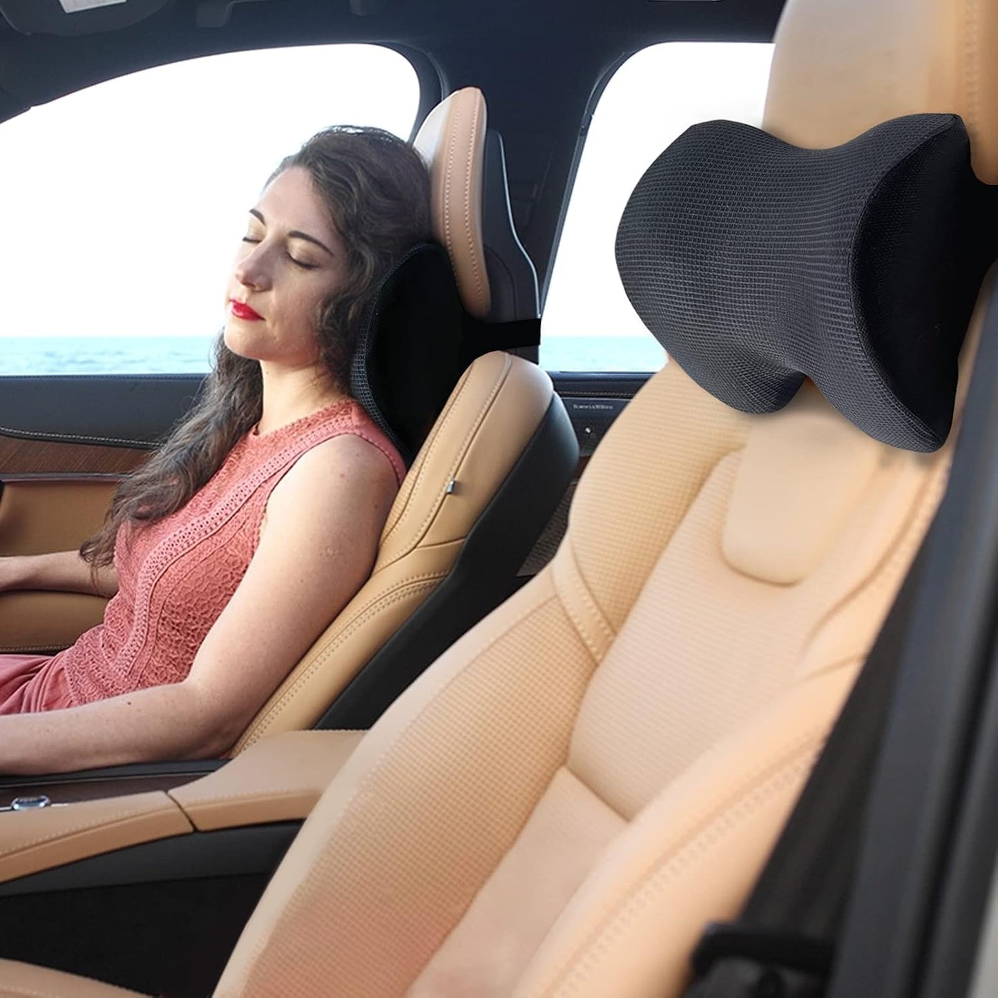 SPRFUFLY Make Relaxing Car Headrest Pillow, Car Neck Pillow for Driving | Car Pillow with Adjustable Strap, Breathable Removable Cover & Ergonomic Design - Comfort Car Neck Support Pillow(Black, 1PC)