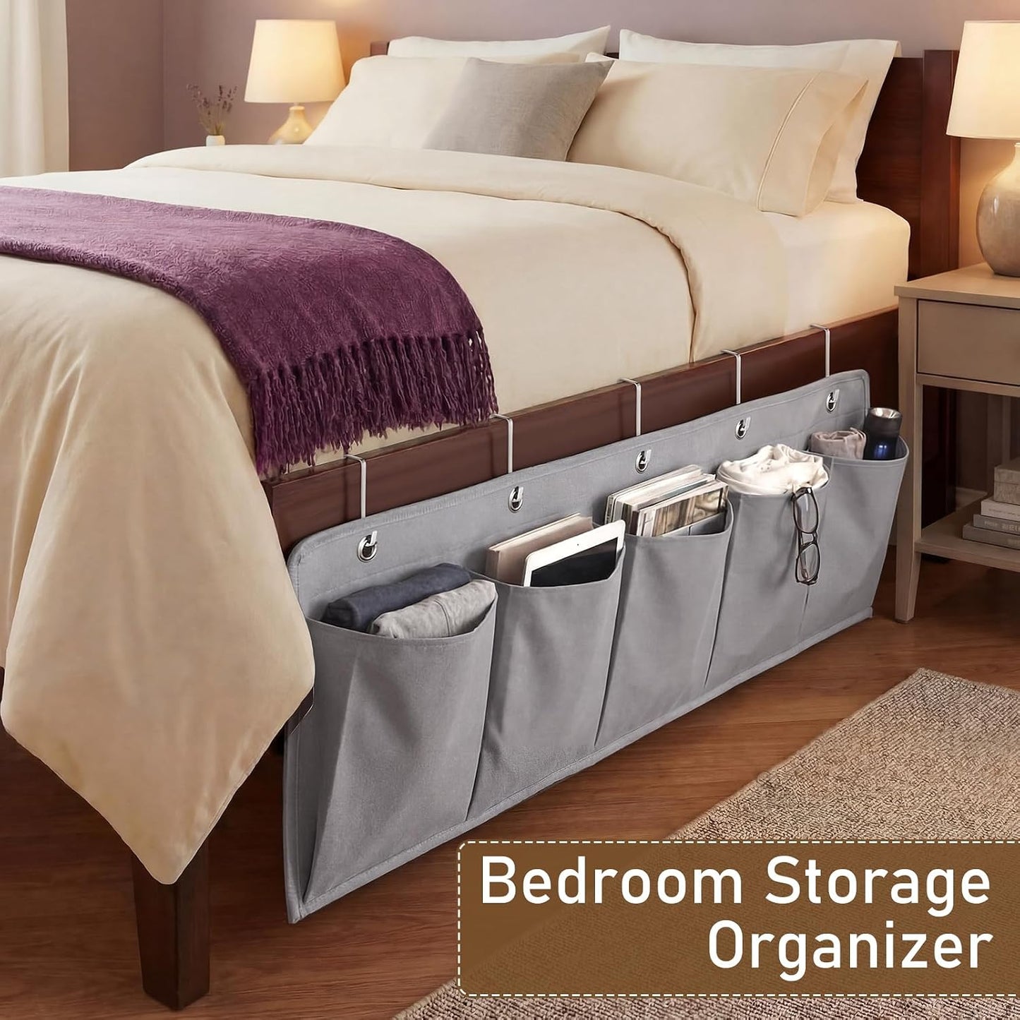 Extra Large Bedside Caddy Storage Bag 53 Inch Bedside Hanging Organizer Bedskirt Pocket Organizer Storage Bag Shoe Rv Pockets with Hook for Home Dormitory Hospital Camper Van Bunk Nursery Bed(Grey)