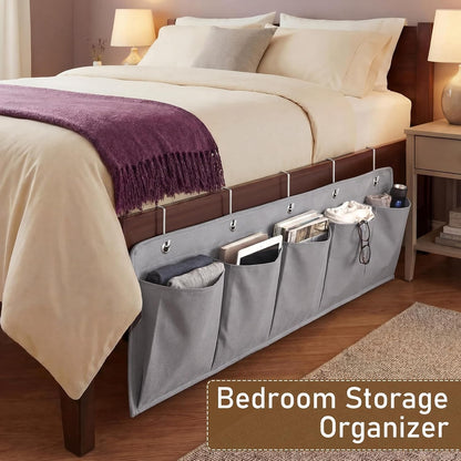 Extra Large Bedside Caddy Storage Bag 53 Inch Bedside Hanging Organizer Bedskirt Pocket Organizer Storage Bag Shoe Rv Pockets with Hook for Home Dormitory Hospital Camper Van Bunk Nursery Bed(Grey)