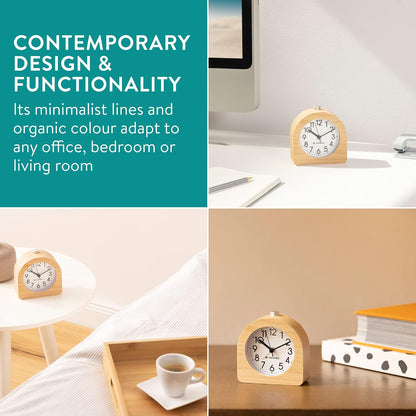 Navaris Wood Analog Alarm Clock - Half-Round Battery-Operated Non-Ticking Clock with Snooze Button and Light - Light Brown