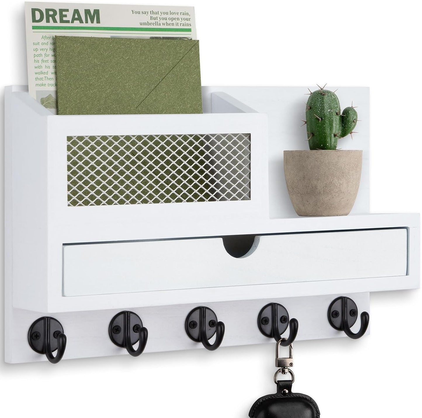 Key Holder for Wall with 5 Key Hooks and Storage Drawer | Key Holder Wall Mount, Mail Organizer for Entryway Living Room Farmhouse Home Decor