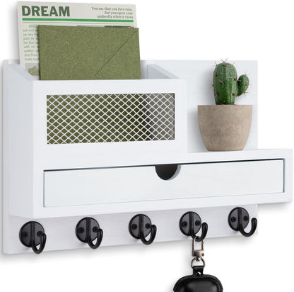 Key Holder for Wall with 5 Key Hooks and Storage Drawer | Key Holder Wall Mount, Mail Organizer for Entryway Living Room Farmhouse Home Decor