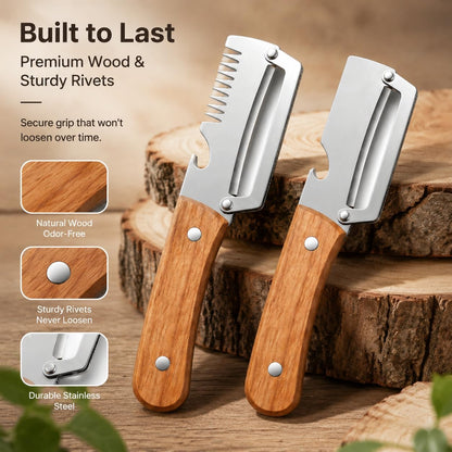 2Pcs Vegetable Peeler with Wooden Handle, Odor-Free Stainless Steel Multi Functional Vegetable Cutter, 2-in-1 and 3-in-1 Kitchen Tool with Scallion Shredder and Bottle Opener for Cooking and Camping