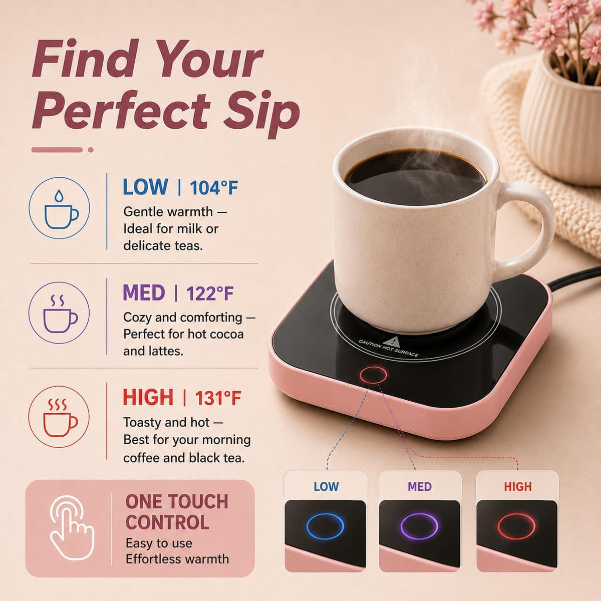 Coffee Cup Warmer, Auto Shut-Off Mug Warmer, 3 Temperature Setting