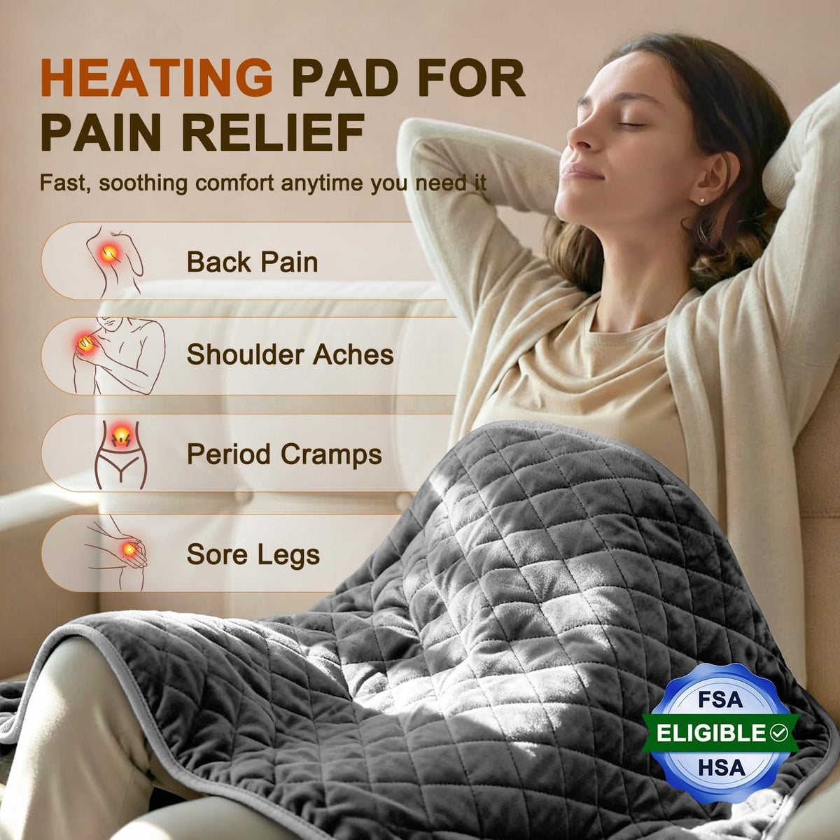 Electric Heating Pad for Back Neck & Shoulders, 35"x20" King Size, Velvet