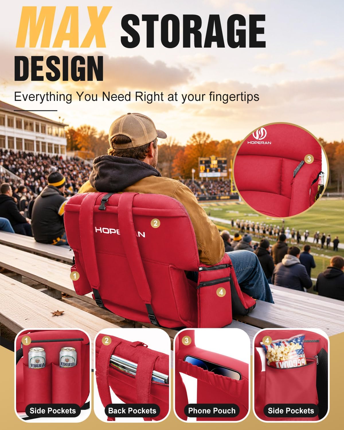 HOPERAN 25in Heated Stadium Seats for Bleachers, 4.3" Extra Thick, Pink | Super Soft Sofa-Style, Independent Seat&Back 3 Level Heat (NO Battery), 6 Recliner, Anti-Slip, Side Pockets, Backpack Straps